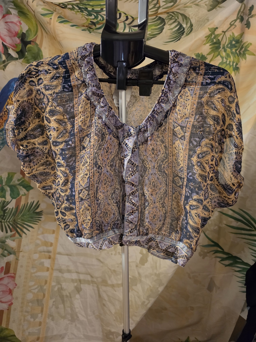 Anna Sui Paisley Panel Crop Top in Tan and Navy